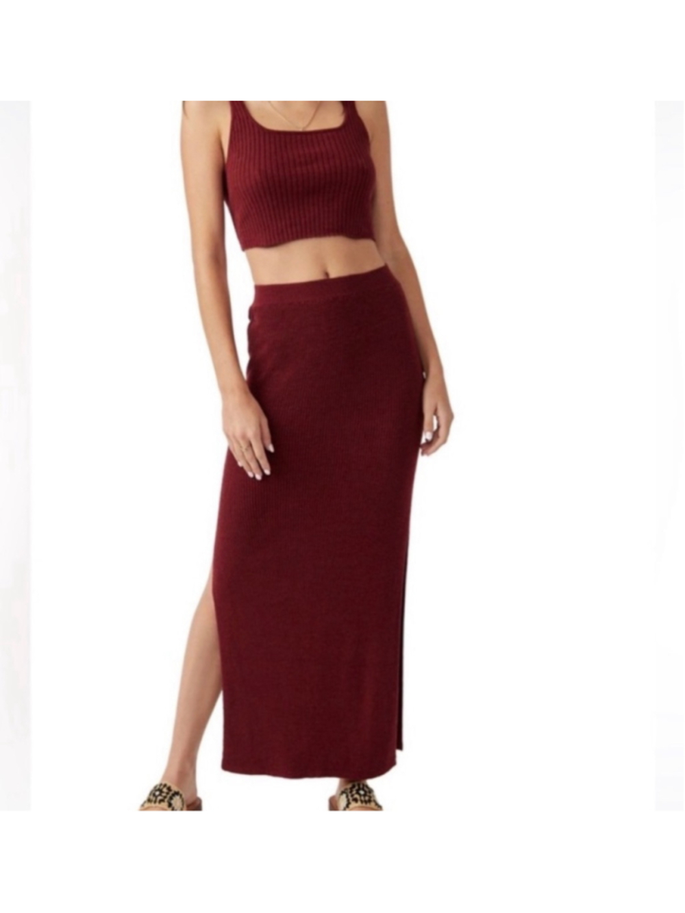 Free People Beach Ribbed Knit Maxi Skirt in Burgundy, Size S